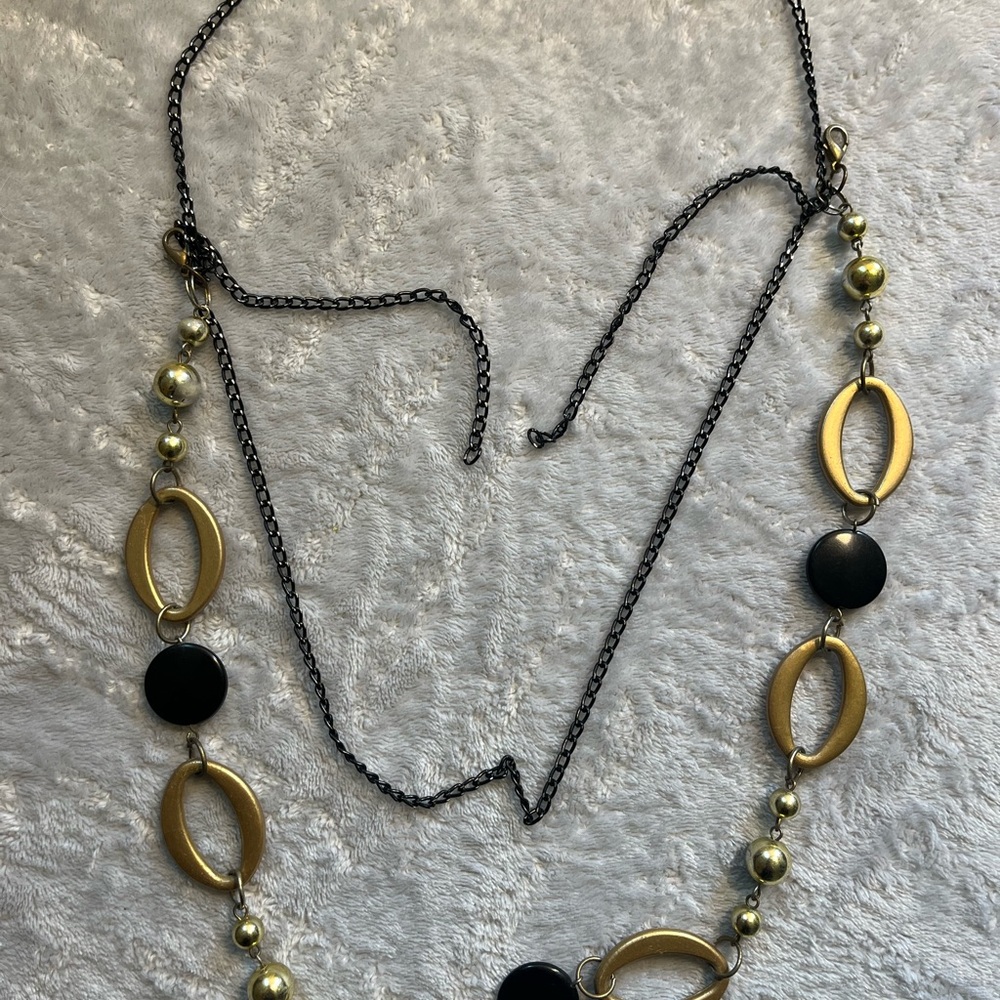 Black and Gold Asymmetrical Necklace with Matte Beads